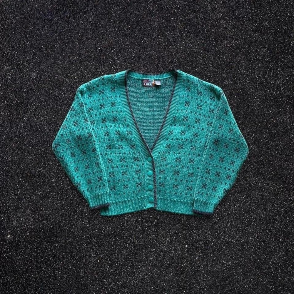 Vintage Paris Sport Club teal patterned cardigan Size Small, Retro Indie
